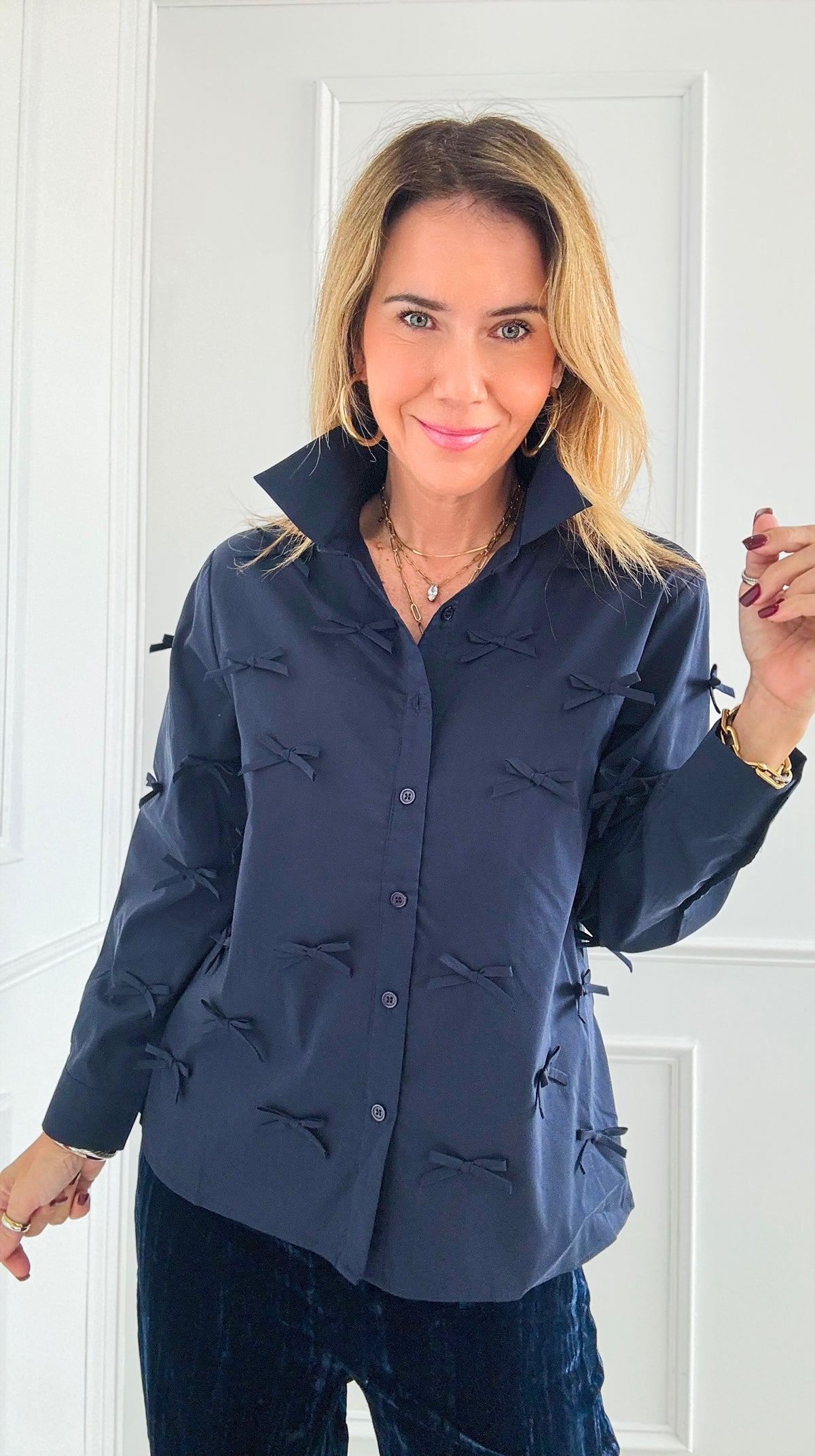 Elegance in Bows Top - Navy-130 Long Sleeve Tops-Joh Apparel-Coastal Bloom Boutique, find the trendiest versions of the popular styles and looks Located in Indialantic, FL