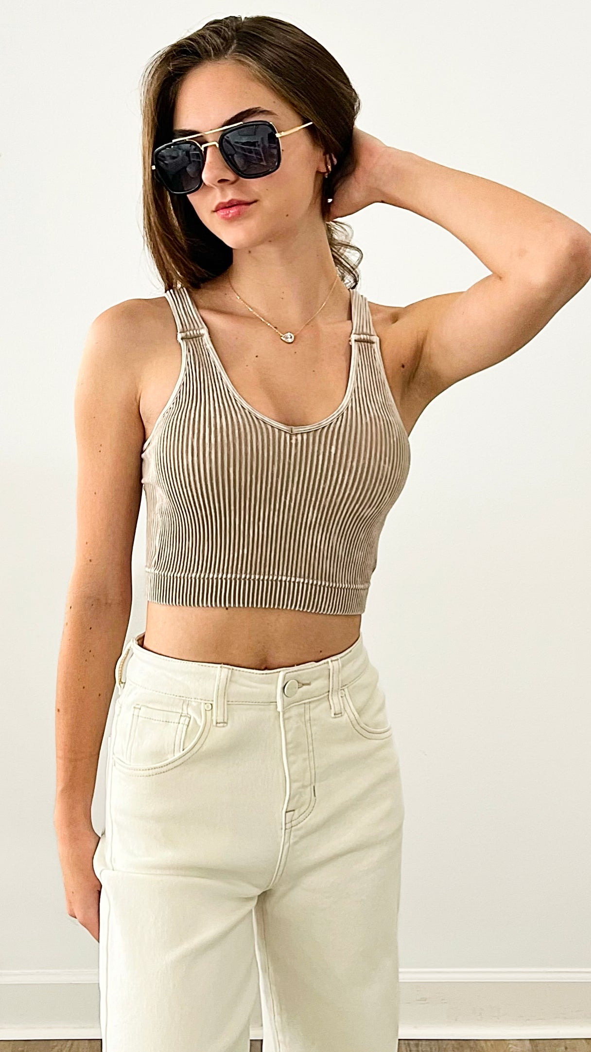 Washed Ribbed Cropped Bra Padded Tank Top - Ash Mocha-220 Intimates-Zenana-Coastal Bloom Boutique, find the trendiest versions of the popular styles and looks Located in Indialantic, FL