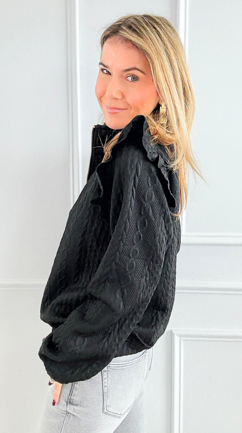 Cable Ruffle Half-Zip Knit Top - Black-130 Long Sleeve Tops-Umgee-Coastal Bloom Boutique, find the trendiest versions of the popular styles and looks Located in Indialantic, FL