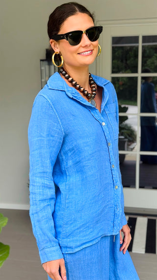 Tuscany Linen Italian Button Top- Periwinkle