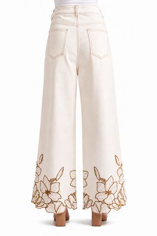 Floral Embroidered Scallop Hem Wide Leg Pants