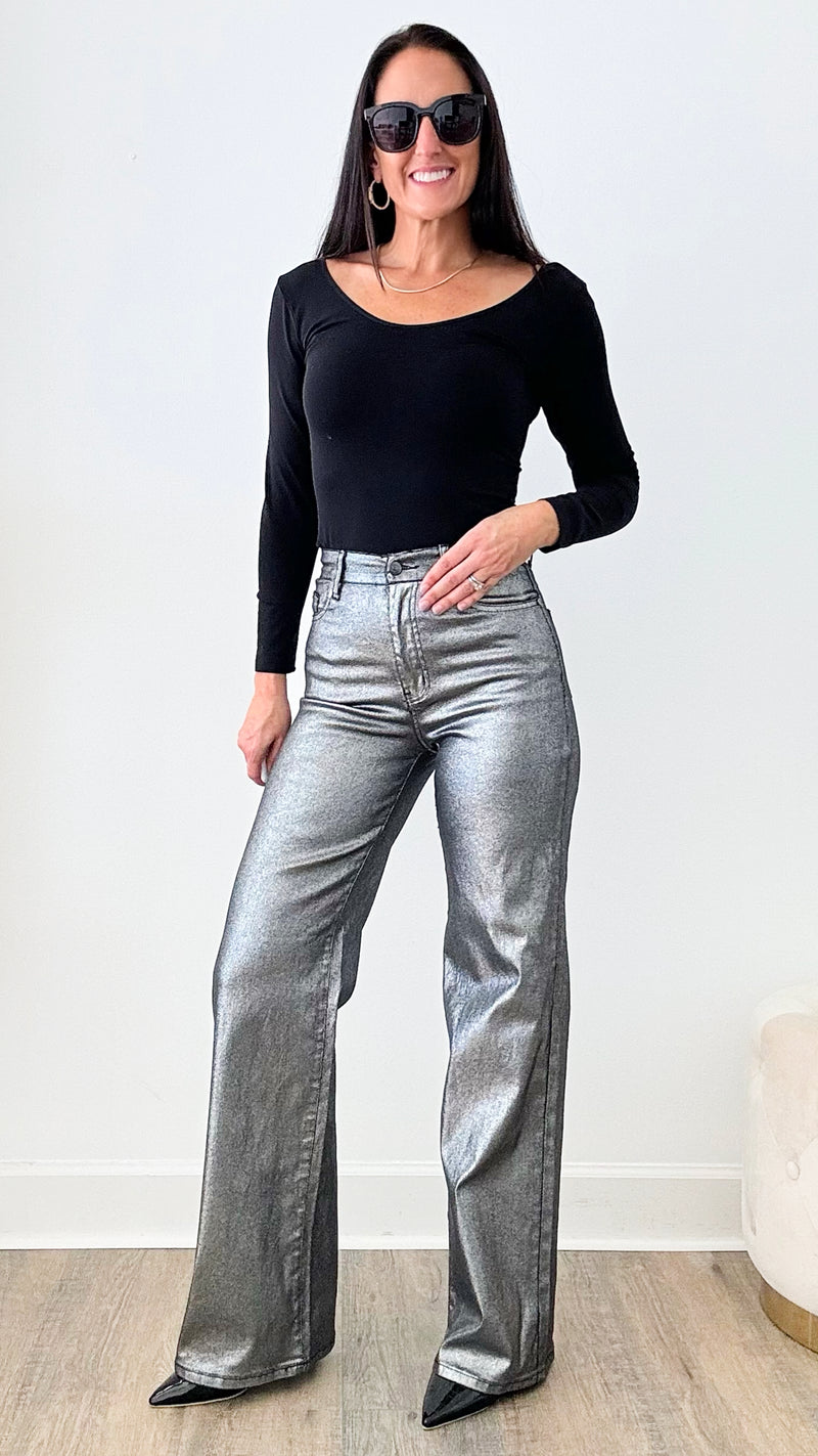 Cadet Metallic Wide Leg Jeans - Silver-170 Bottoms-Vibrant M.i.U-Coastal Bloom Boutique, find the trendiest versions of the popular styles and looks Located in Indialantic, FL