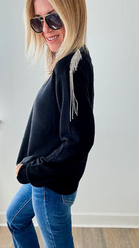 Rhinestone Epaulette V Neck Sweater-140 Sweaters-Zannza Couture-Coastal Bloom Boutique, find the trendiest versions of the popular styles and looks Located in Indialantic, FL