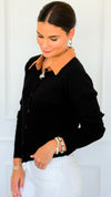 Cable Stitch Italian Button Cardigan- Black-170 Bottoms-Italianissimo-Coastal Bloom Boutique, find the trendiest versions of the popular styles and looks Located in Indialantic, FL