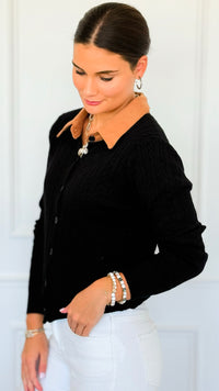 Cable Stitch Italian Button Cardigan- Black-170 Bottoms-Italianissimo-Coastal Bloom Boutique, find the trendiest versions of the popular styles and looks Located in Indialantic, FL