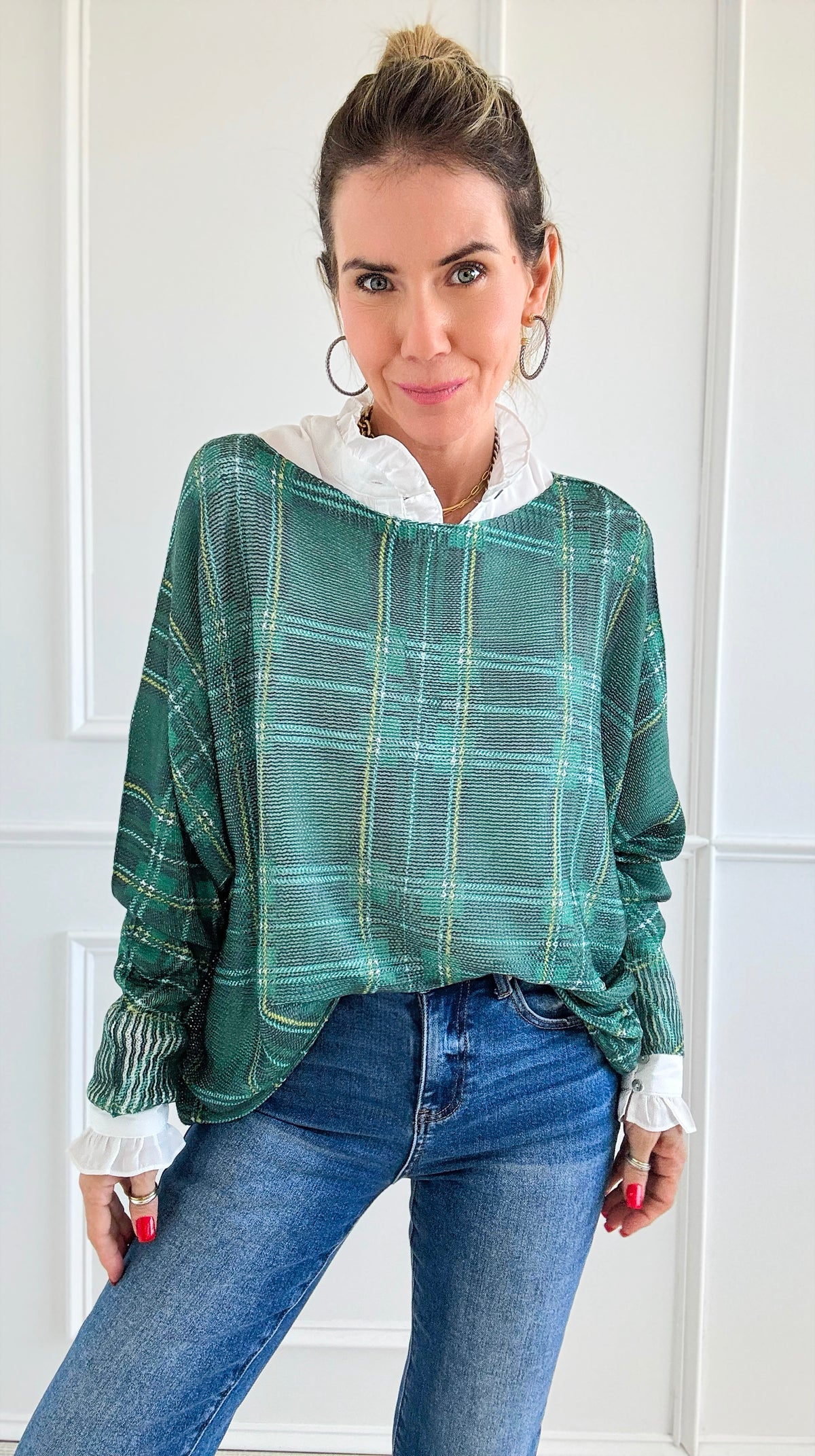 Festive Plaid St Tropez Italian Knit Sweater- Green-140 Sweaters-Italianissimo-Coastal Bloom Boutique, find the trendiest versions of the popular styles and looks Located in Indialantic, FL