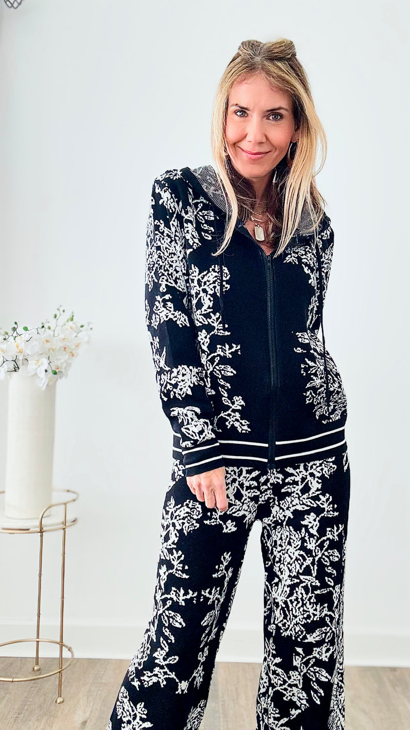 Adiorable Floral Tapestry Knit Zip Up Set - Black-130 Long sleeve top-Chasing Bandits-Coastal Bloom Boutique, find the trendiest versions of the popular styles and looks Located in Indialantic, FL