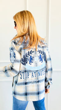 Frosted Plaid Varsity Shacket-160 Jackets-SMOKE RISE RED-Coastal Bloom Boutique, find the trendiest versions of the popular styles and looks Located in Indialantic, FL