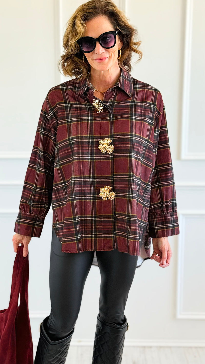 Plaid Petals Corduroy Italian Blouse-110 Long Sleeve Tops-TATTOO Z-Coastal Bloom Boutique, find the trendiest versions of the popular styles and looks Located in Indialantic, FL