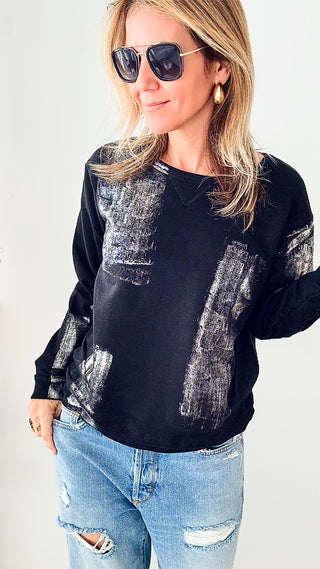 CB Custom Metallic Sweatshirt - Black/Silver-130 Long Sleeve Tops-HOLLY / CB-Coastal Bloom Boutique, find the trendiest versions of the popular styles and looks Located in Indialantic, FL