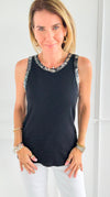 Metallic Foil Detailed Ribbed Italian Tank- Silver/Black-100 Sleeveless Tops-Italianissimo-Coastal Bloom Boutique, find the trendiest versions of the popular styles and looks Located in Indialantic, FL