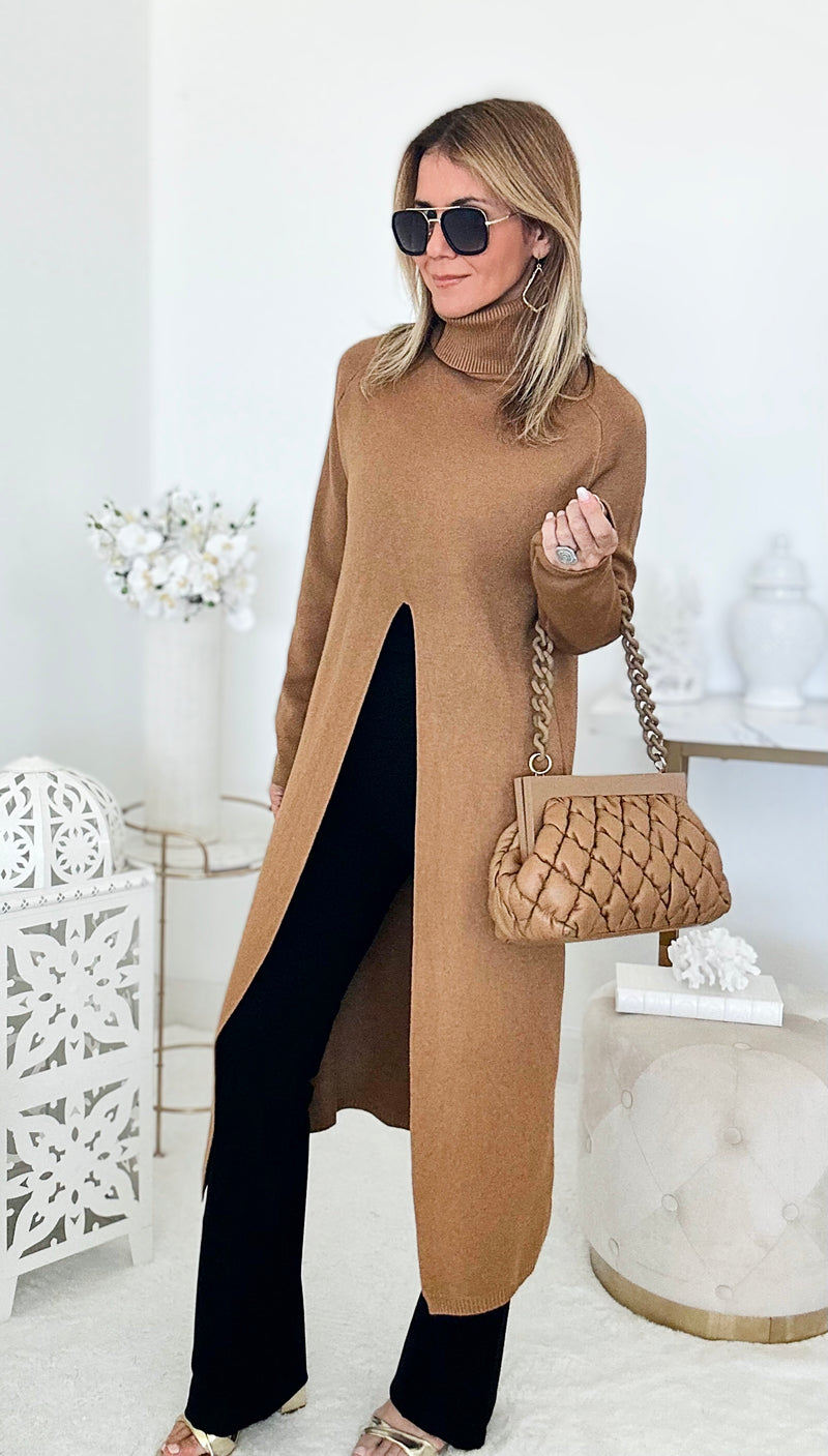 Chic Long Split Italian Sweater - Camel-150 Cardigans/Layers-Italianissimo-Coastal Bloom Boutique, find the trendiest versions of the popular styles and looks Located in Indialantic, FL