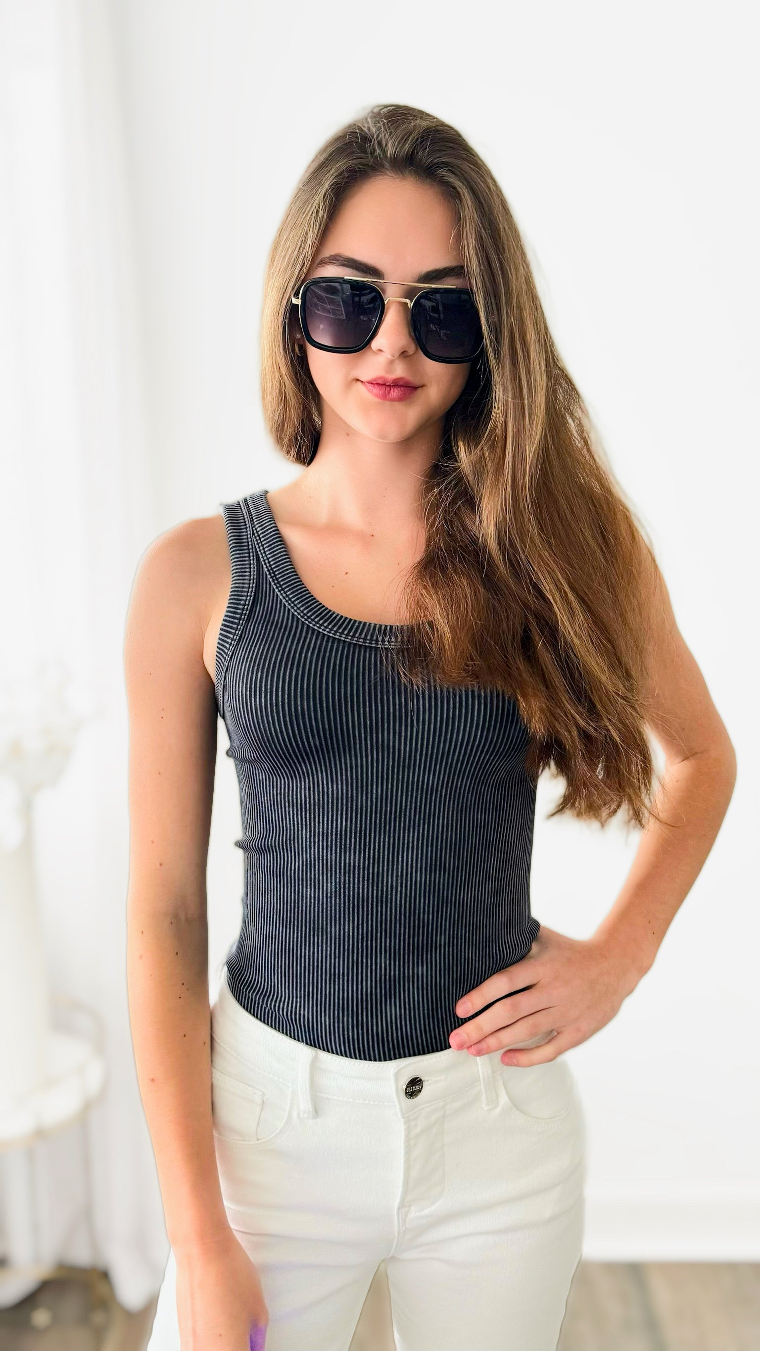 Washed Ribbed Cropped Tank Top - Ash Black-100 Sleeveless Tops-Zenana-Coastal Bloom Boutique, find the trendiest versions of the popular styles and looks Located in Indialantic, FL