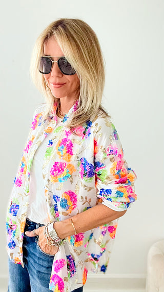 Sunny Splash Sequin Floral Button Up Blouse - White-130 Long Sleeve Tops-MAIN STRIP-Coastal Bloom Boutique, find the trendiest versions of the popular styles and looks Located in Indialantic, FL