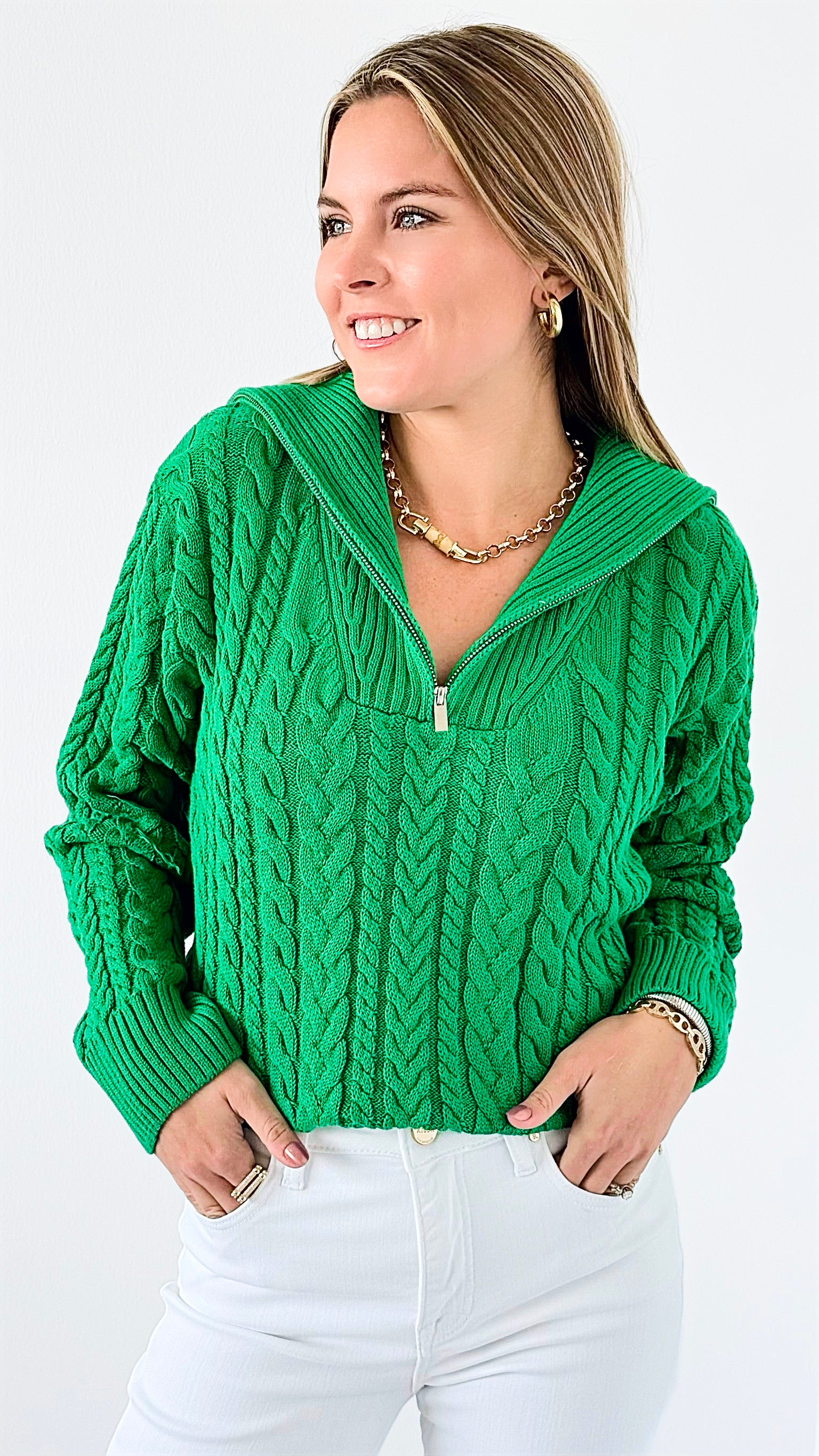 Knit Zipper Sweater - Green-140 Sweaters-English Factory-Coastal Bloom Boutique, find the trendiest versions of the popular styles and looks Located in Indialantic, FL