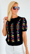 Embroidered Short-Sleeved Crew Neck Sweater - Black-140 Sweaters-BIBI-Coastal Bloom Boutique, find the trendiest versions of the popular styles and looks Located in Indialantic, FL