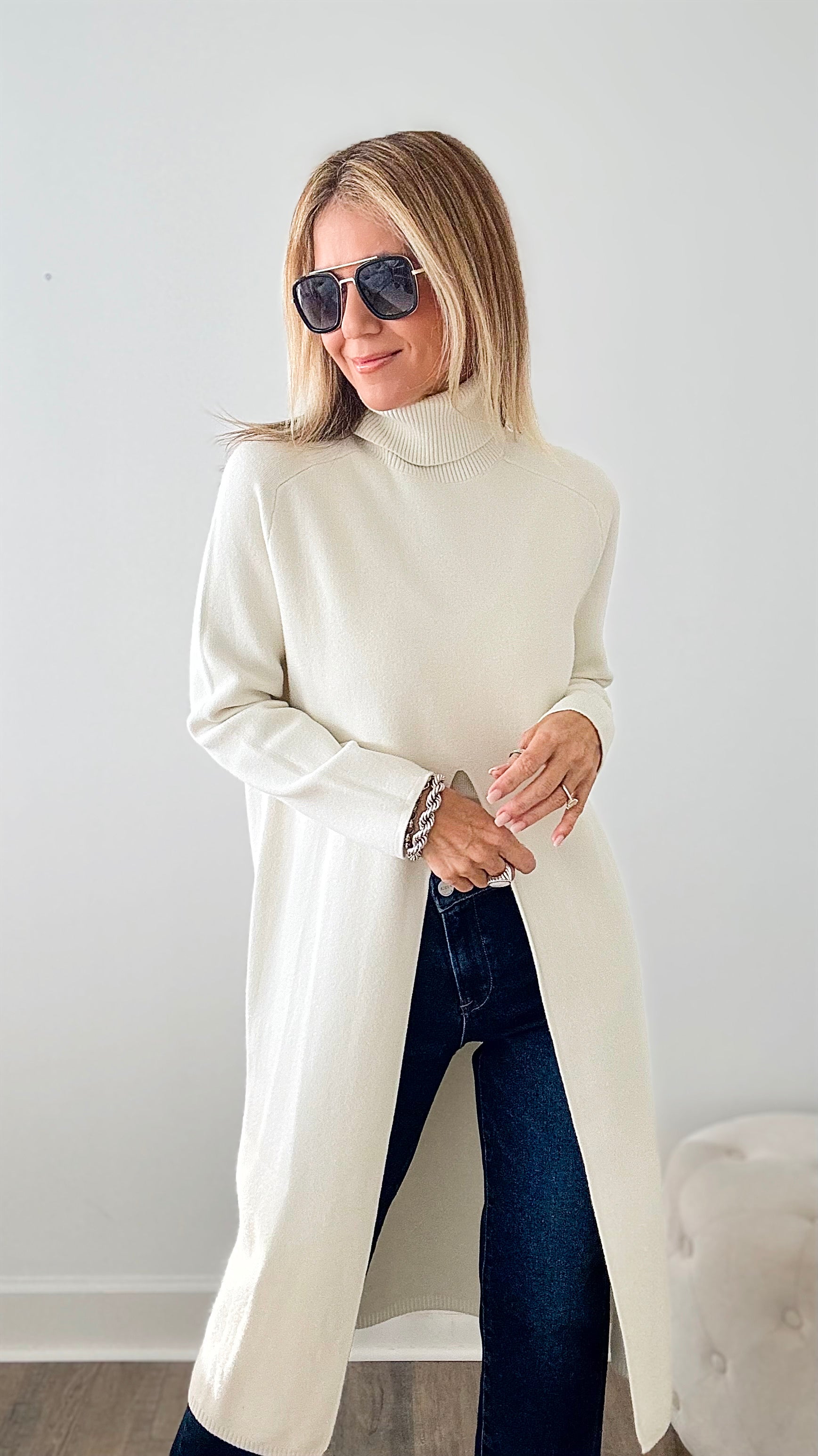 Chic Long Split Italian Sweater - Ivory-150 Cardigans/Layers-Italianissimo/Z Studio-Coastal Bloom Boutique, find the trendiest versions of the popular styles and looks Located in Indialantic, FL