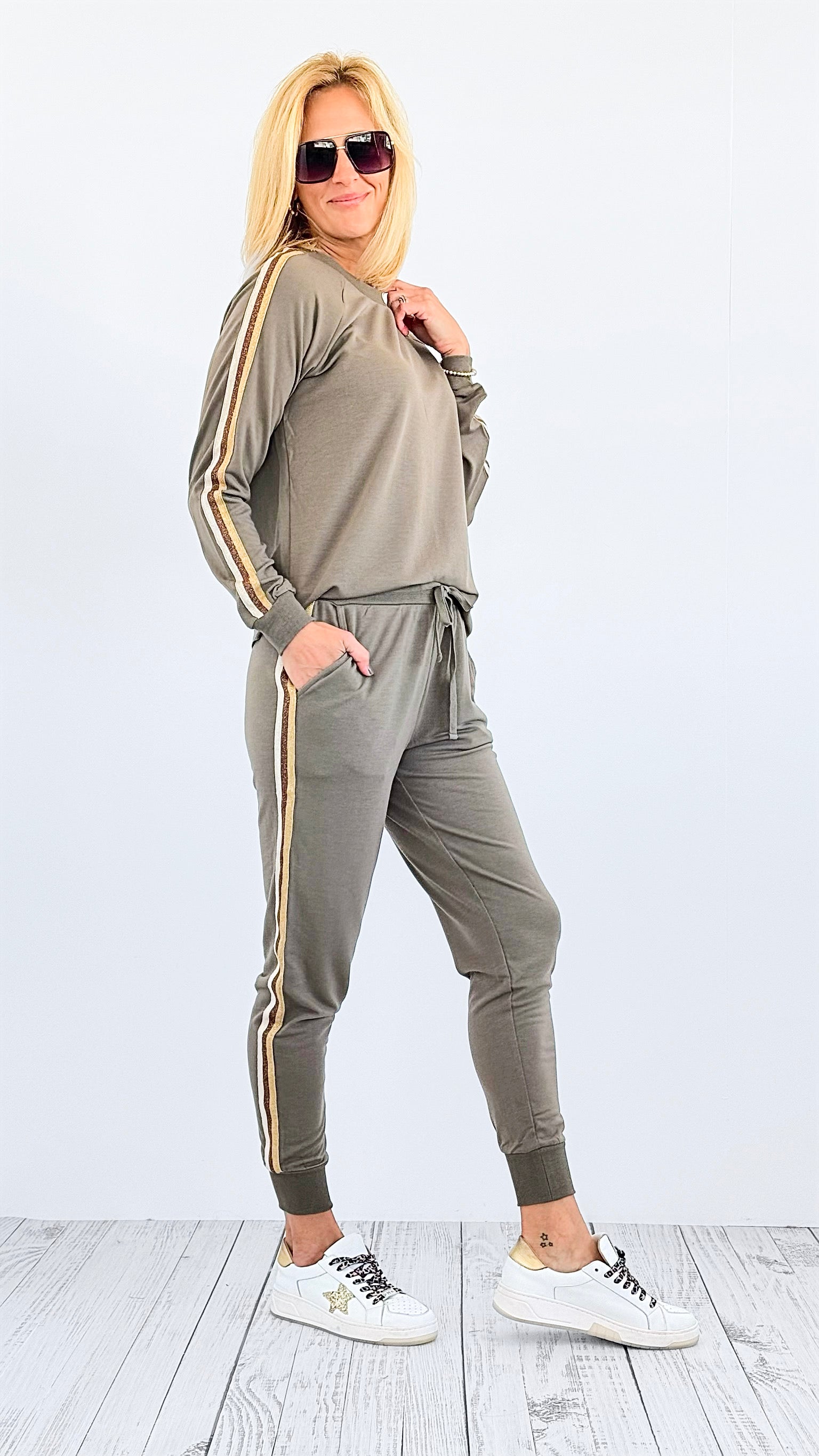 Glitter Trim Cozy Joggers - Olive-170 Bottoms-mystree-Coastal Bloom Boutique, find the trendiest versions of the popular styles and looks Located in Indialantic, FL