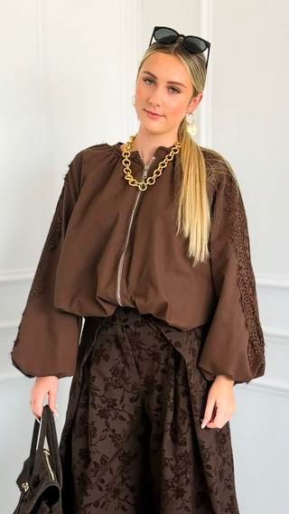 Grace in Lace Italian Zip Jacket- Brown
