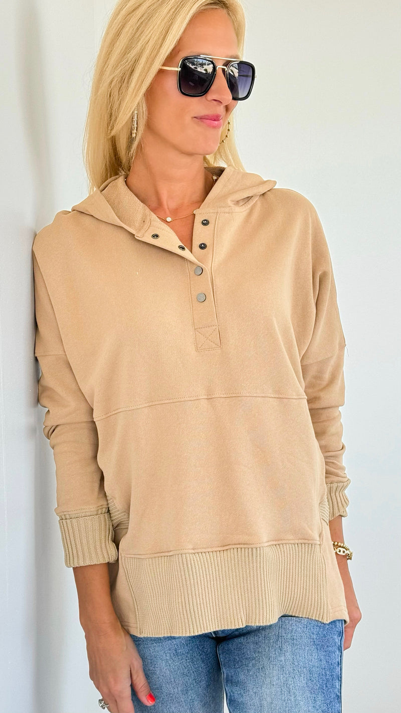 French Terry Buttoned Down Hoodie - Taupe-130 Long Sleeve Tops-BucketList-Coastal Bloom Boutique, find the trendiest versions of the popular styles and looks Located in Indialantic, FL