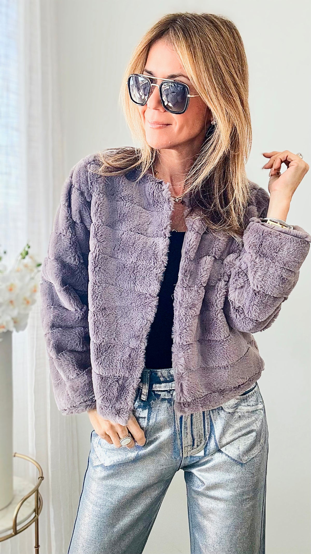 Fuzzy Long Sleeve Jacket- Grey-160 Jackets-Rousseau-Coastal Bloom Boutique, find the trendiest versions of the popular styles and looks Located in Indialantic, FL