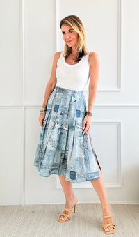 Denim Patchwork Printed Skirt-170 Bottoms-LA ROS-Coastal Bloom Boutique, find the trendiest versions of the popular styles and looks Located in Indialantic, FL