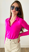 V- Neck Long Sleeve Collared Top - Fuchsia-130 Long Sleeve Tops-ShopIrisBasic-Coastal Bloom Boutique, find the trendiest versions of the popular styles and looks Located in Indialantic, FL