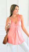Italian Elegant Lace Trim Cami -Coral-100 Sleeveless Tops-Italianissimo/ SEVEN SEPT-Coastal Bloom Boutique, find the trendiest versions of the popular styles and looks Located in Indialantic, FL