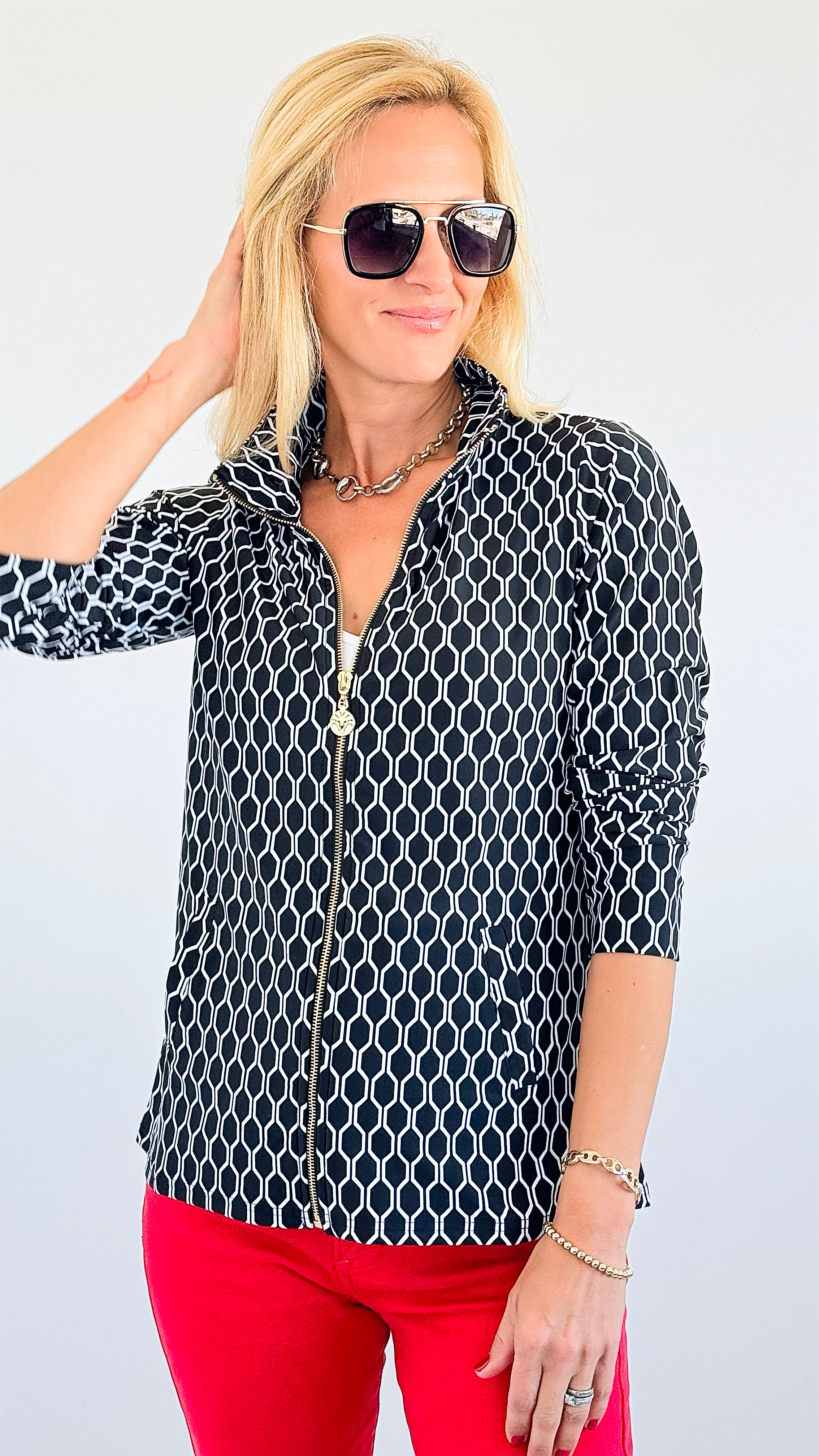 Penelope High-Neck Zip-Up Blouse - Black-160 Jackets-ARYEH-Coastal Bloom Boutique, find the trendiest versions of the popular styles and looks Located in Indialantic, FL