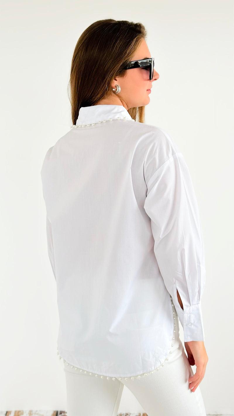 Pearl Edge Poplin Blouse - White-130 Long Sleeve Tops-KIWI-Coastal Bloom Boutique, find the trendiest versions of the popular styles and looks Located in Indialantic, FL