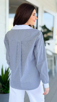 Detail Shine Striped Italian Button Top- Black/White