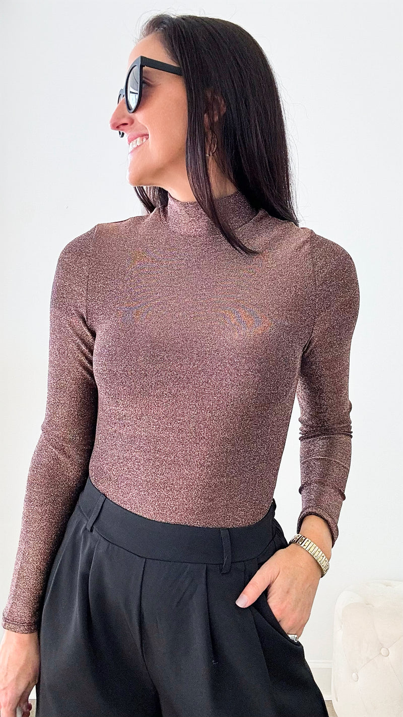 Mock Neck Glittery Bodysuit - Black/Rose Gold-130 Long Sleeve Tops-ShopIrisBasic-Coastal Bloom Boutique, find the trendiest versions of the popular styles and looks Located in Indialantic, FL