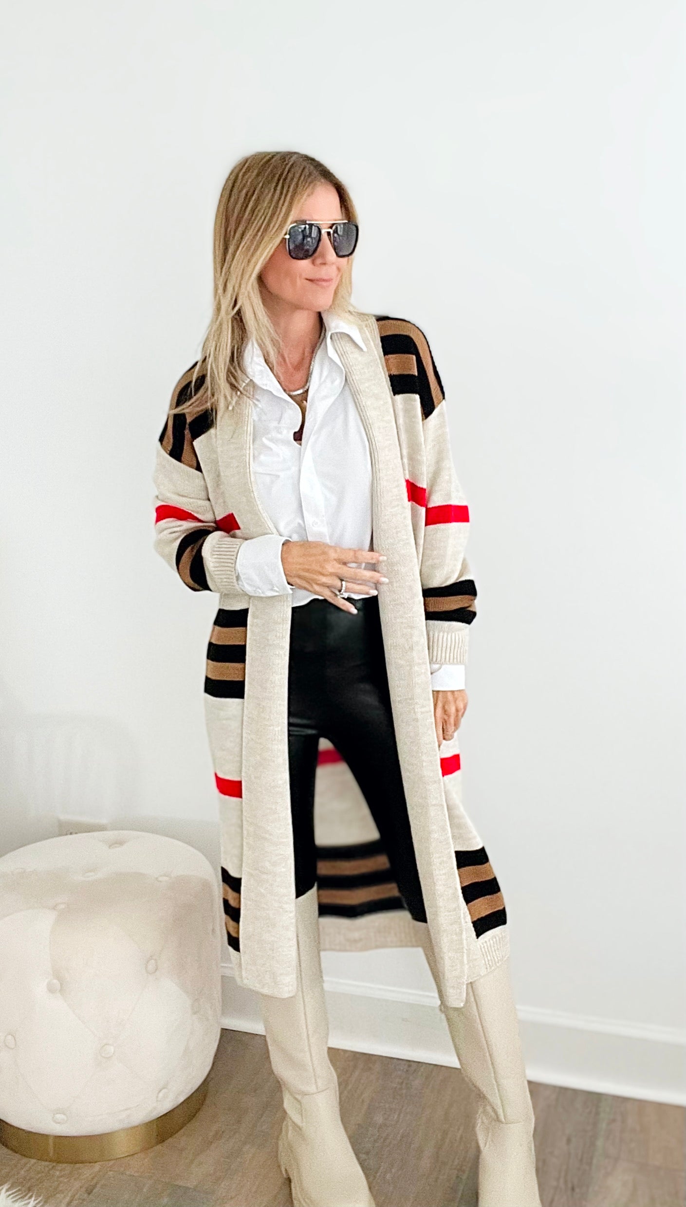 Striped Long Knitted Cardigan-Stone-150 Cardigans/Layers-Italianissimo-Coastal Bloom Boutique, find the trendiest versions of the popular styles and looks Located in Indialantic, FL