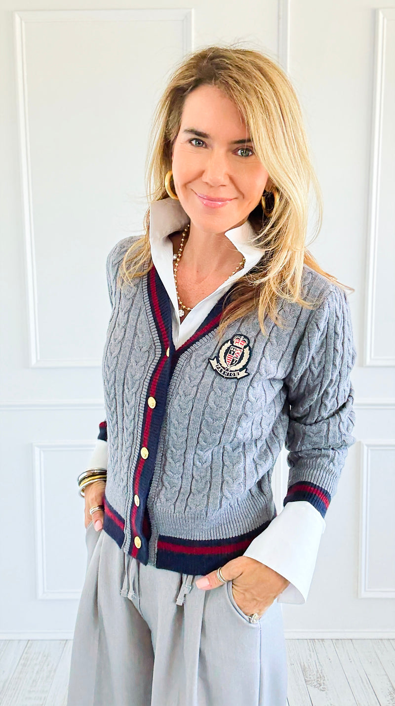Fashion Varsity Italian Cardigan Sweater-Grey-150 Cardigans/Layers-Italianissimo-Coastal Bloom Boutique, find the trendiest versions of the popular styles and looks Located in Indialantic, FL