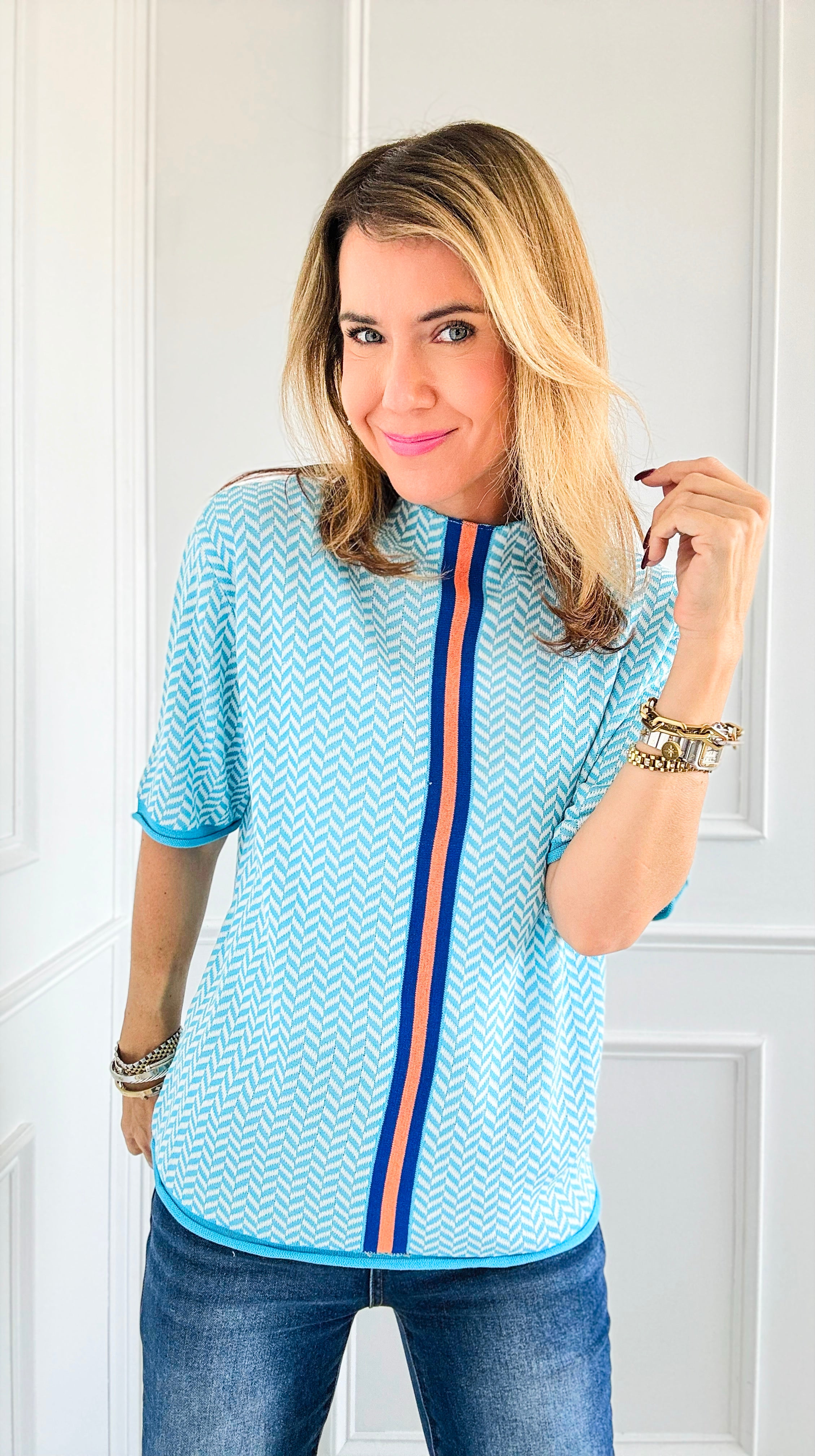 Vibrant Line Herringbone Top - Blue-110 Short Sleeve Tops-Cezele-Coastal Bloom Boutique, find the trendiest versions of the popular styles and looks Located in Indialantic, FL