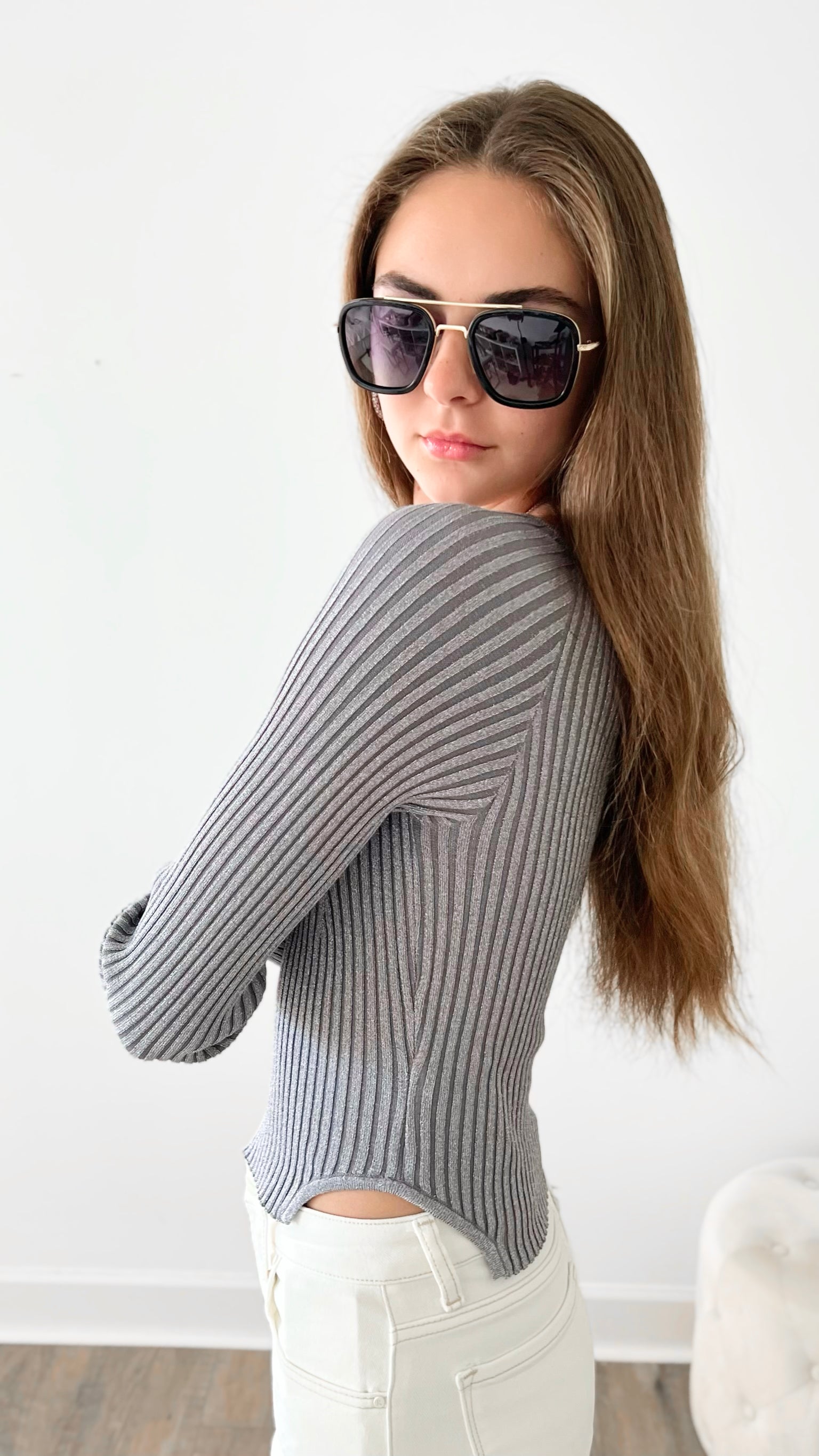 Metallic Rib Fitted Corset Top-130 Long Sleeve Tops-MISS LOVE-Coastal Bloom Boutique, find the trendiest versions of the popular styles and looks Located in Indialantic, FL