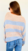 Striped Bubble Sleeve Knitted Sweater - Blush/Blue-140 Sweaters-Miracle-Coastal Bloom Boutique, find the trendiest versions of the popular styles and looks Located in Indialantic, FL