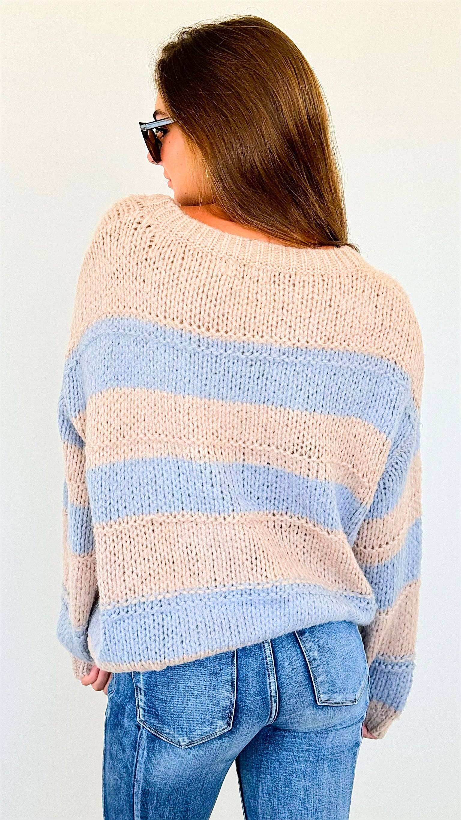 Striped Bubble Sleeve Knitted Sweater - Blush/Blue-140 Sweaters-Miracle-Coastal Bloom Boutique, find the trendiest versions of the popular styles and looks Located in Indialantic, FL