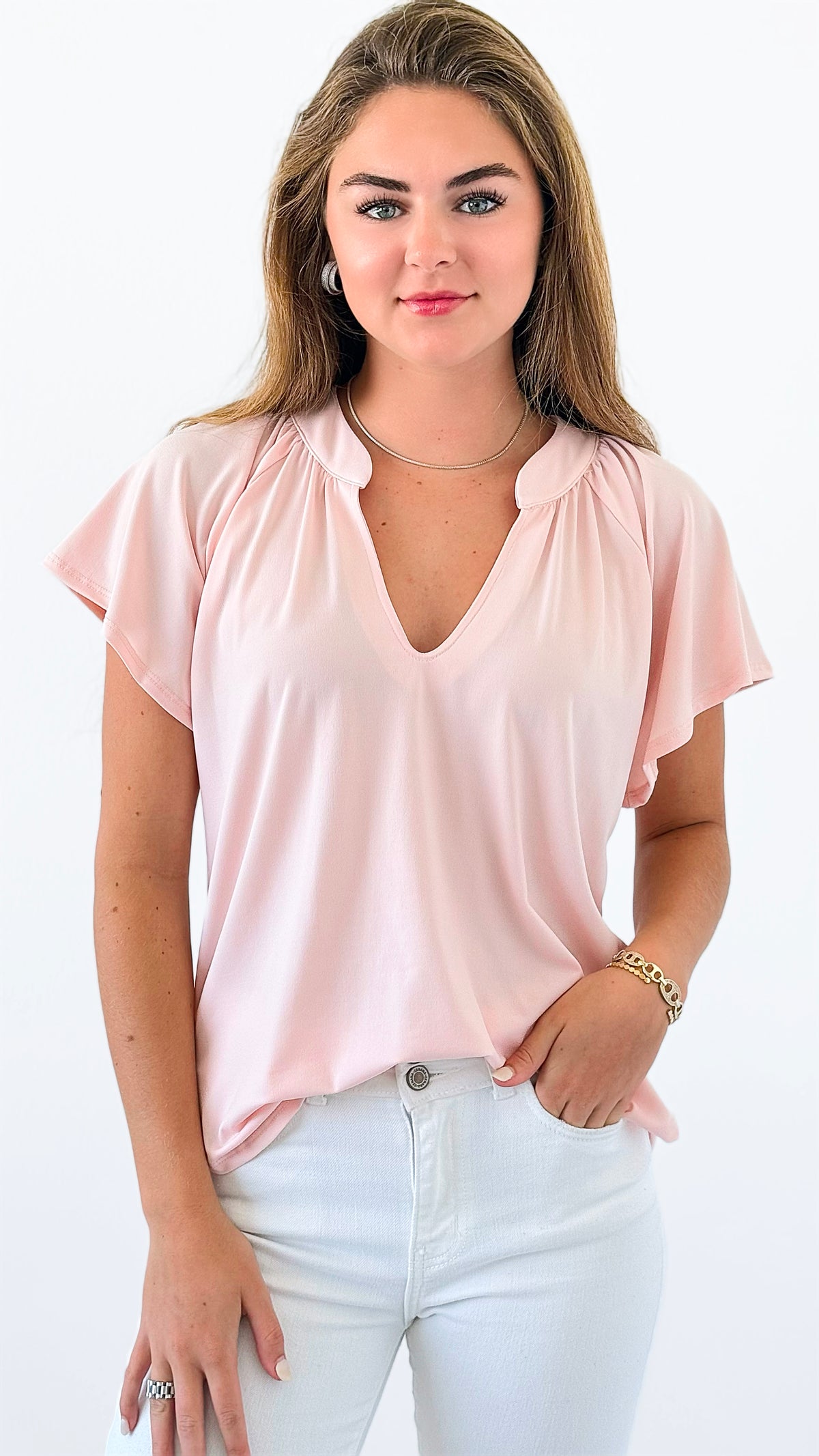 Flutter Away Pleated Top - Blush-110 Short Sleeve Tops-Ariella-Coastal Bloom Boutique, find the trendiest versions of the popular styles and looks Located in Indialantic, FL