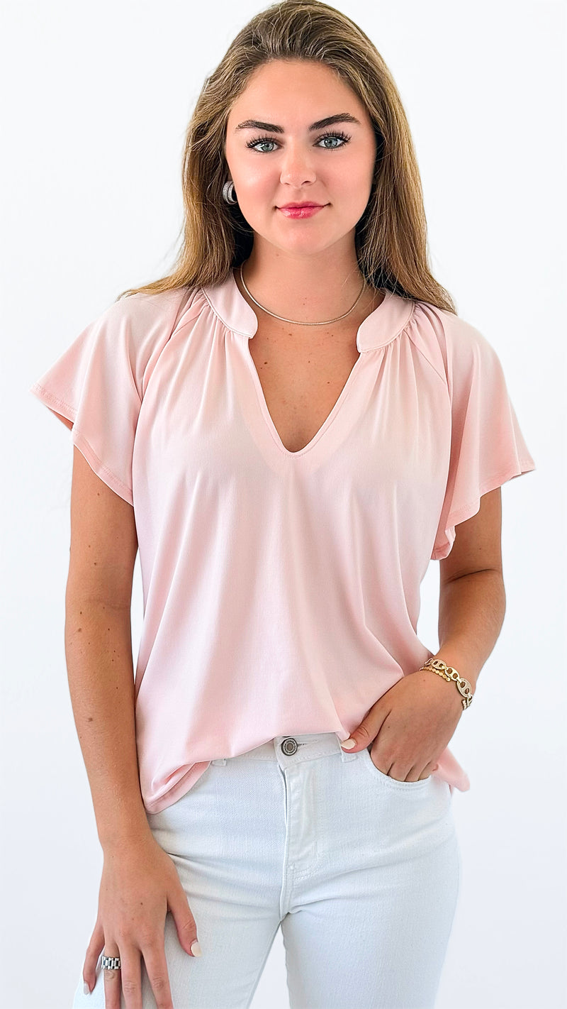 Flutter Away Pleated Top - Blush-110 Short Sleeve Tops-Ariella-Coastal Bloom Boutique, find the trendiest versions of the popular styles and looks Located in Indialantic, FL