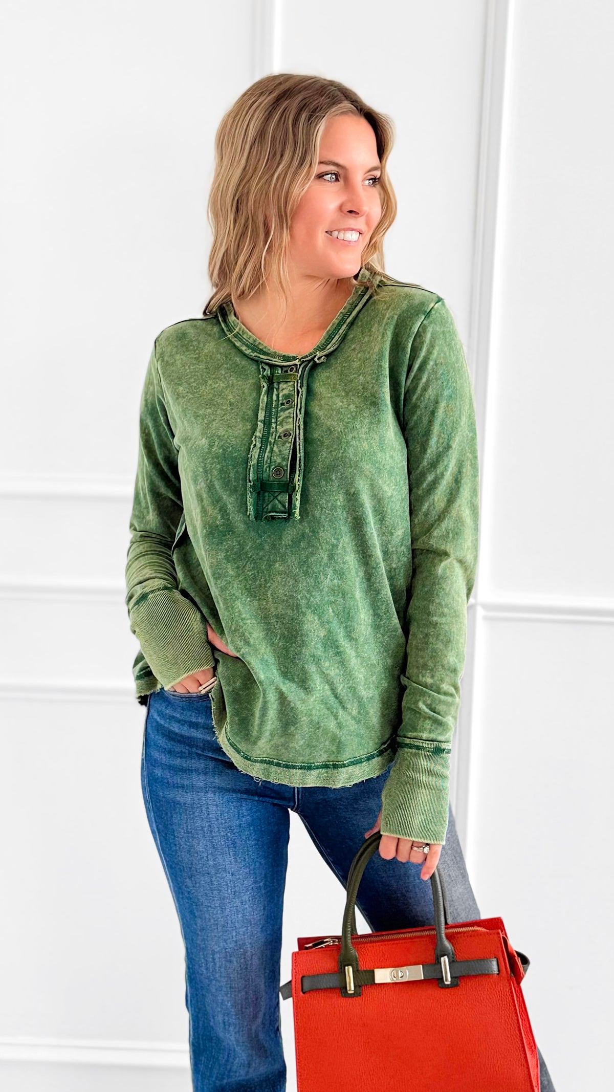 Sunday Stroll Mineral Wash Henley Top - Dk.Green-110 Long Sleeve Tops-Zenana-Coastal Bloom Boutique, find the trendiest versions of the popular styles and looks Located in Indialantic, FL