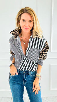 Leopard Stripe Italian Woven Blouse-110 Long Sleeve Tops-TATTOO Z-Coastal Bloom Boutique, find the trendiest versions of the popular styles and looks Located in Indialantic, FL