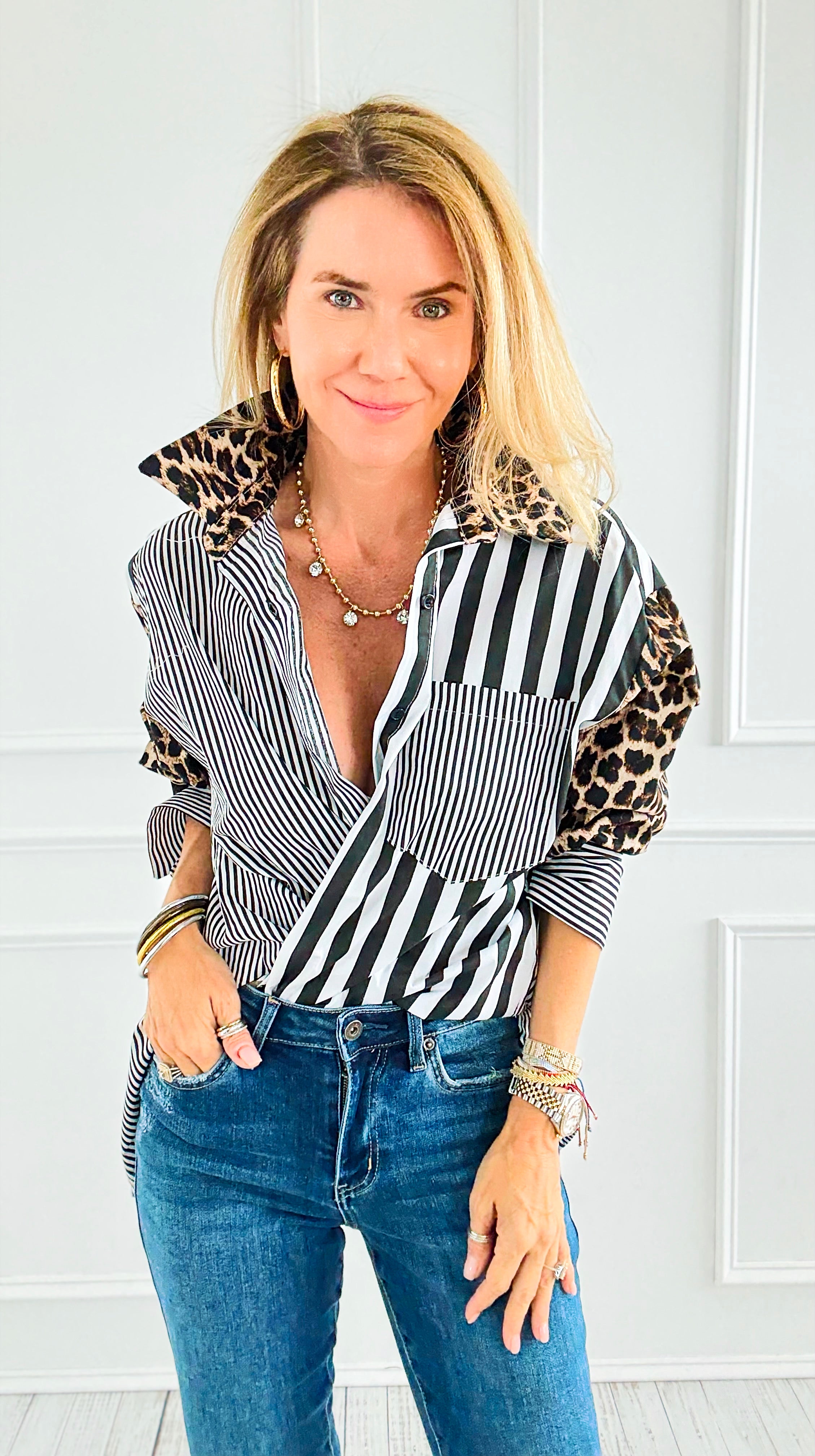 Leopard Stripe Italian Woven Blouse-110 Long Sleeve Tops-TATTOO Z-Coastal Bloom Boutique, find the trendiest versions of the popular styles and looks Located in Indialantic, FL