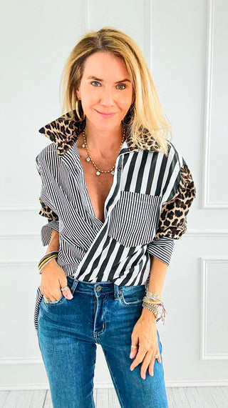 Leopard Stripe Italian Woven Blouse-110 Long Sleeve Tops-TATTOO Z-Coastal Bloom Boutique, find the trendiest versions of the popular styles and looks Located in Indialantic, FL