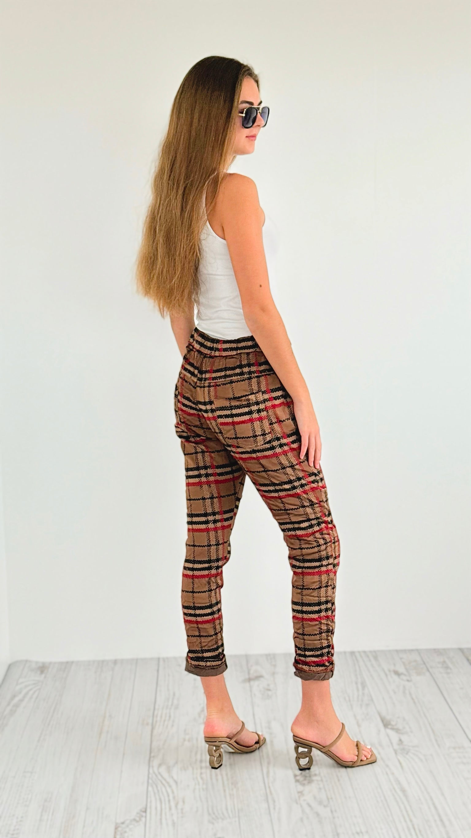 Plaid Wish List Italian Joggers- Camel-pants-Italianissimo-Coastal Bloom Boutique, find the trendiest versions of the popular styles and looks Located in Indialantic, FL