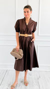 Elegant Belted Italian Midi Dress- Brown-200 Dresses/Jumpsuits/Rompers-AZUL MONACO-Coastal Bloom Boutique, find the trendiest versions of the popular styles and looks Located in Indialantic, FL