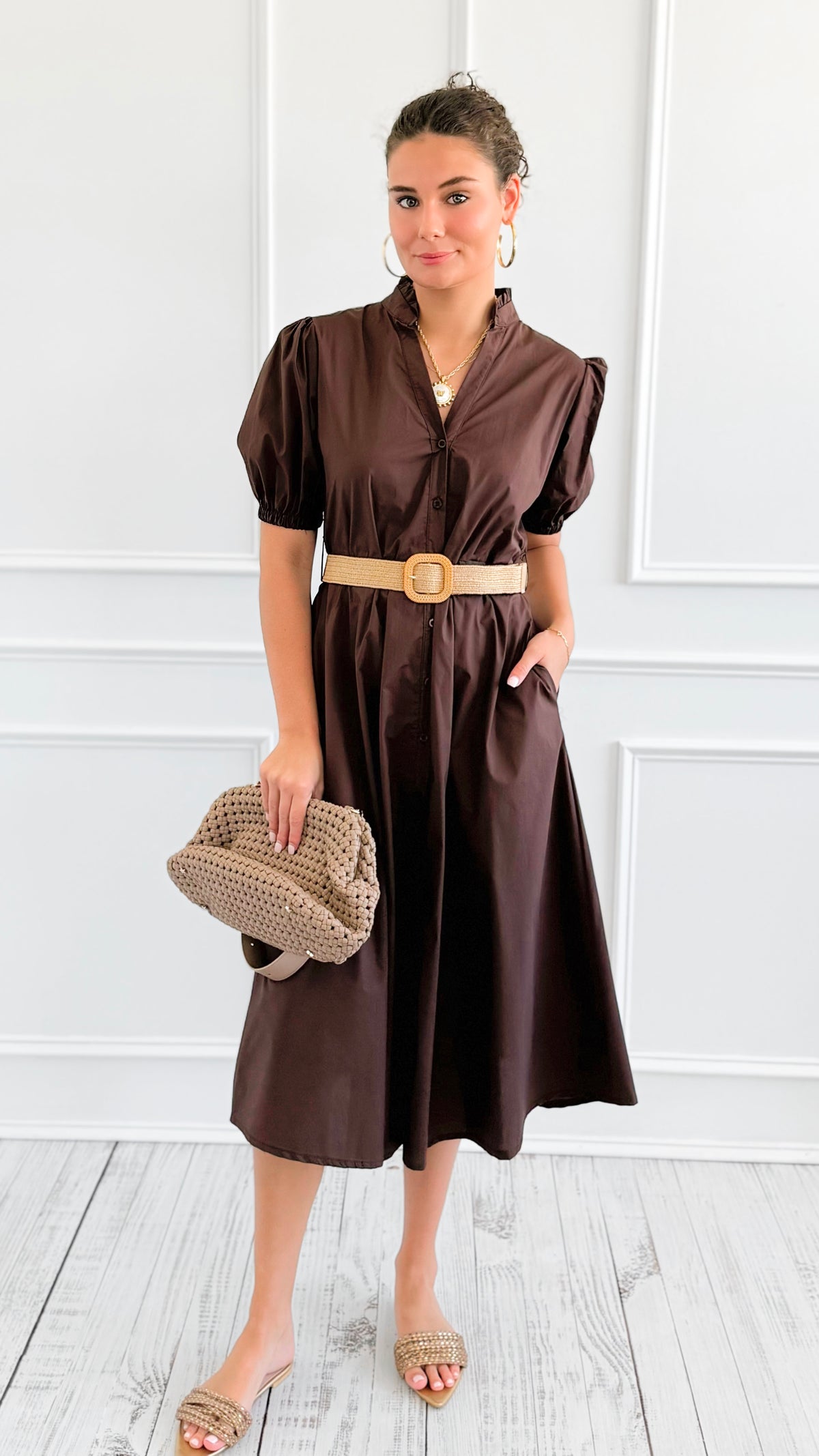 Elegant Belted Italian Midi Dress- Brown-200 Dresses/Jumpsuits/Rompers-AZUL MONACO-Coastal Bloom Boutique, find the trendiest versions of the popular styles and looks Located in Indialantic, FL