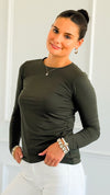 Anniston Brushed Microfiber Long Sleeve Tee - Dark Olive-130 Long Sleeve Tops-Zenana-Coastal Bloom Boutique, find the trendiest versions of the popular styles and looks Located in Indialantic, FL