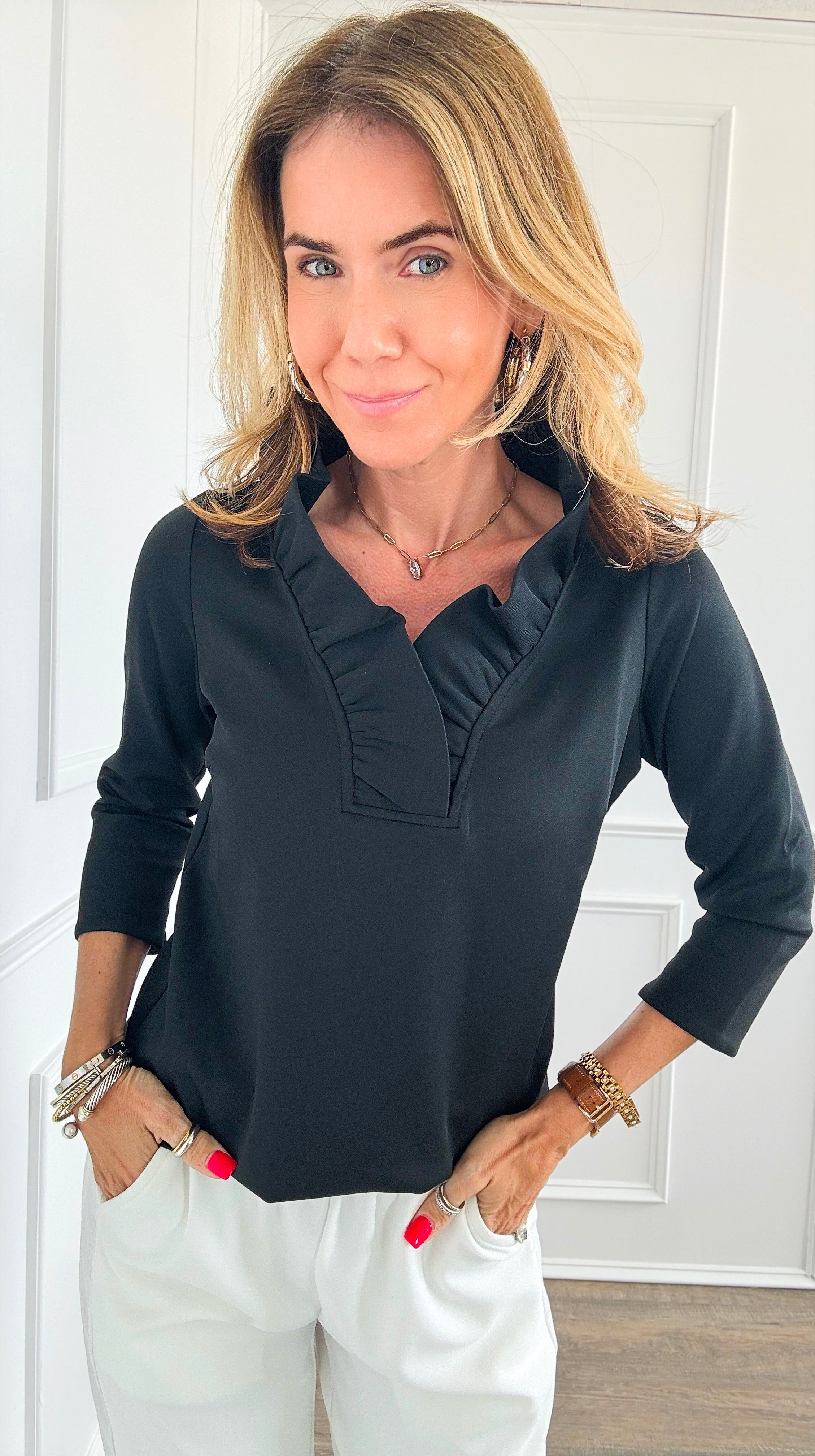 3/4 Sleeves Ruffled Neck Blouse - Black-130 Long Sleeve Tops-Gretchen Scott-Coastal Bloom Boutique, find the trendiest versions of the popular styles and looks Located in Indialantic, FL