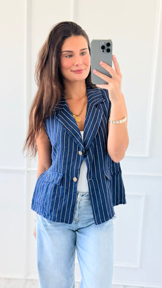 Casual Lines Italian Linen Vest- Navy/White